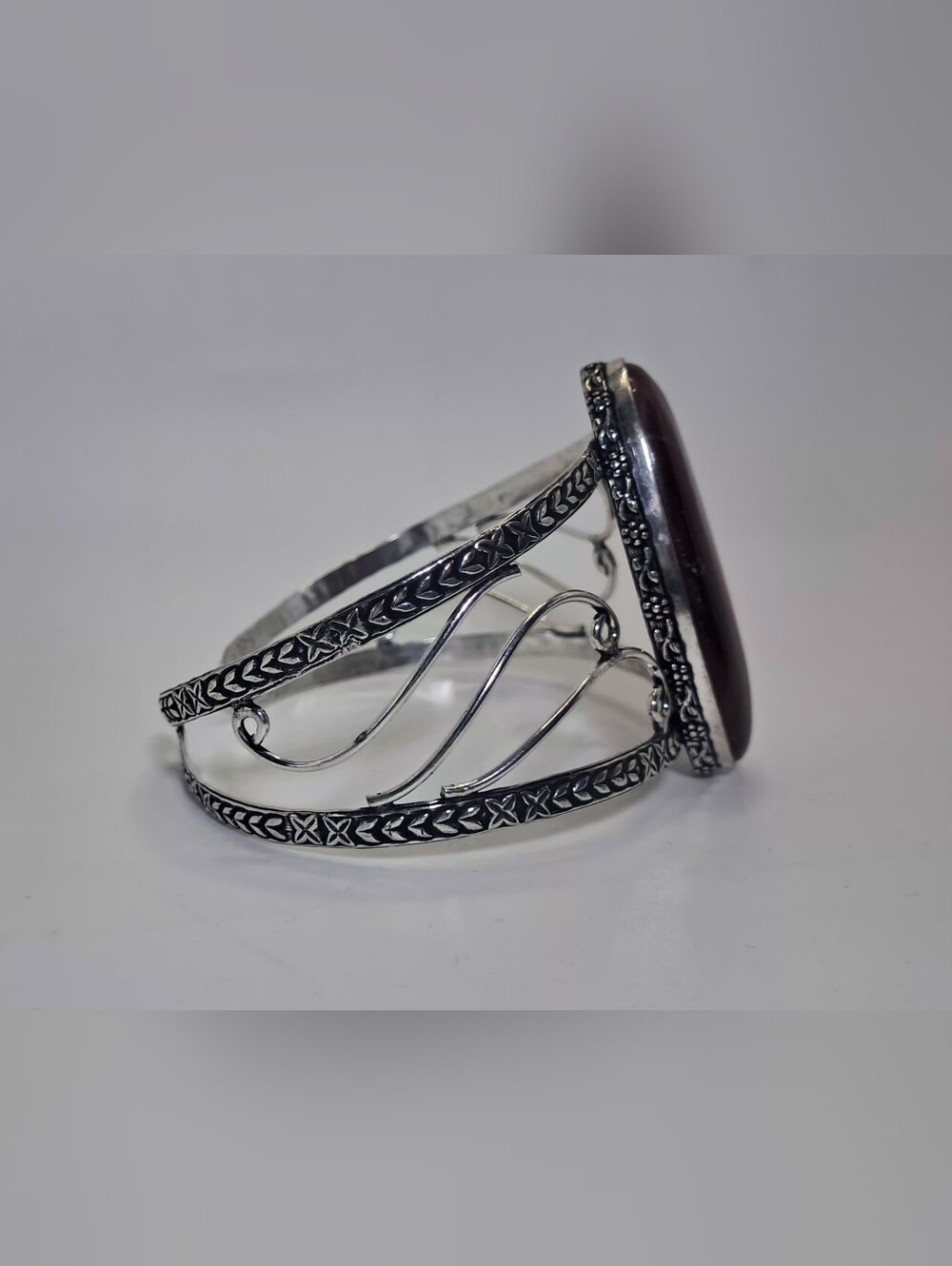 Vintage 925 Sterling Silver Red Tiger's Eye Oval Statement Cuff Bracelet - Picture 5 of 11